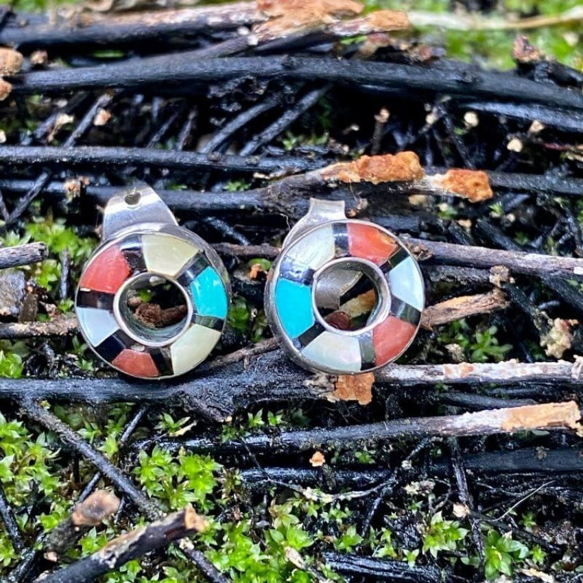 Zuni Channel Inlay Donut Pierced Earrings Turquoise and Sterling Silver Yourgreatfinds