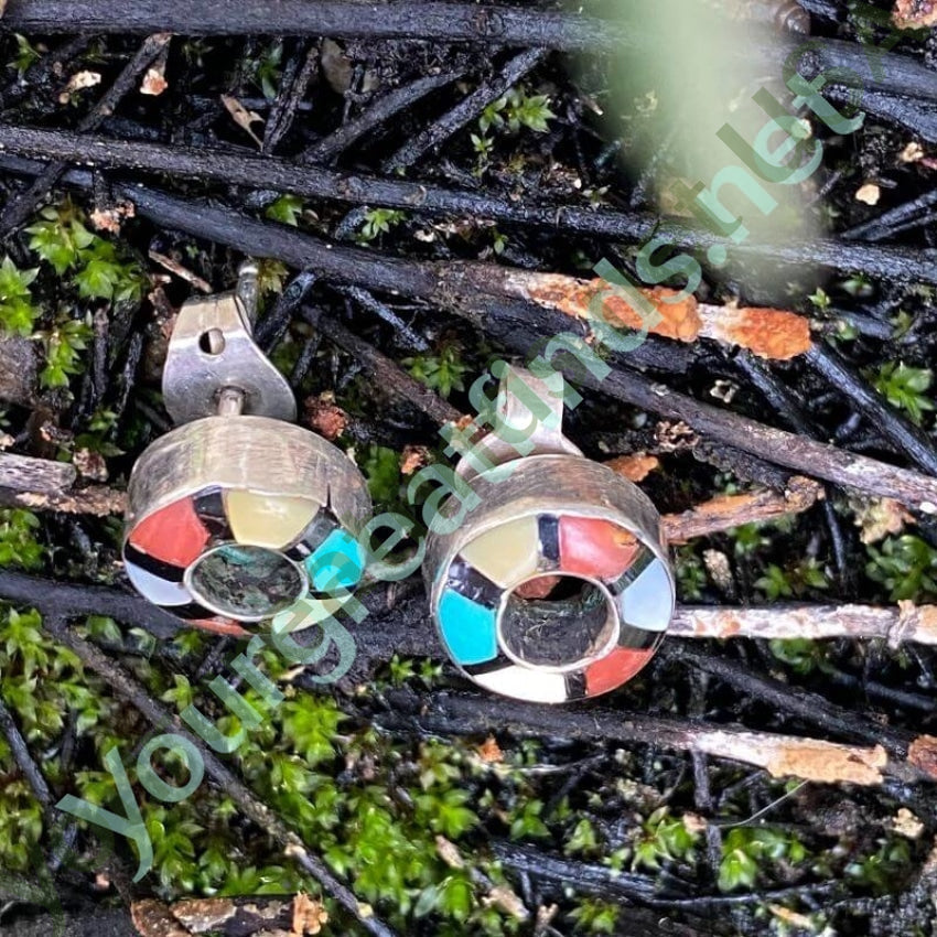 Zuni Channel Inlay Donut Pierced Earrings Turquoise and Sterling Silver Yourgreatfinds