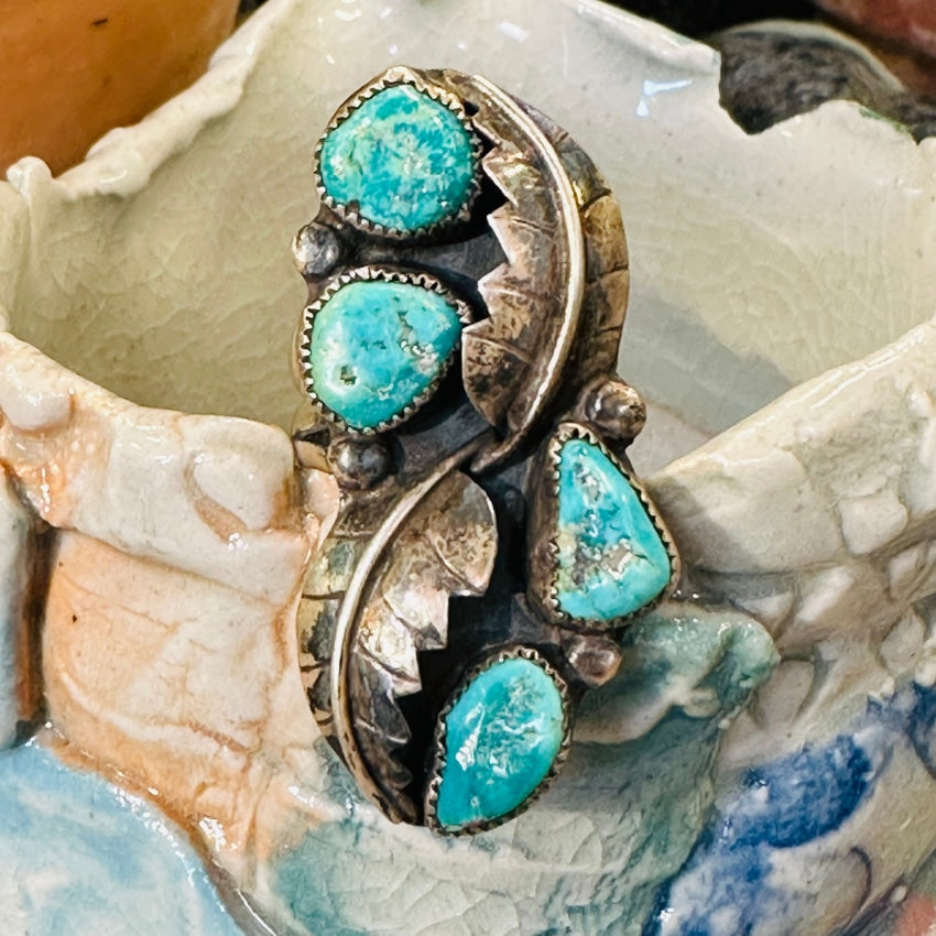 Zuni Marilyn Chuyate 4 Turquoise Stone Ring Size 8.75 Sterling