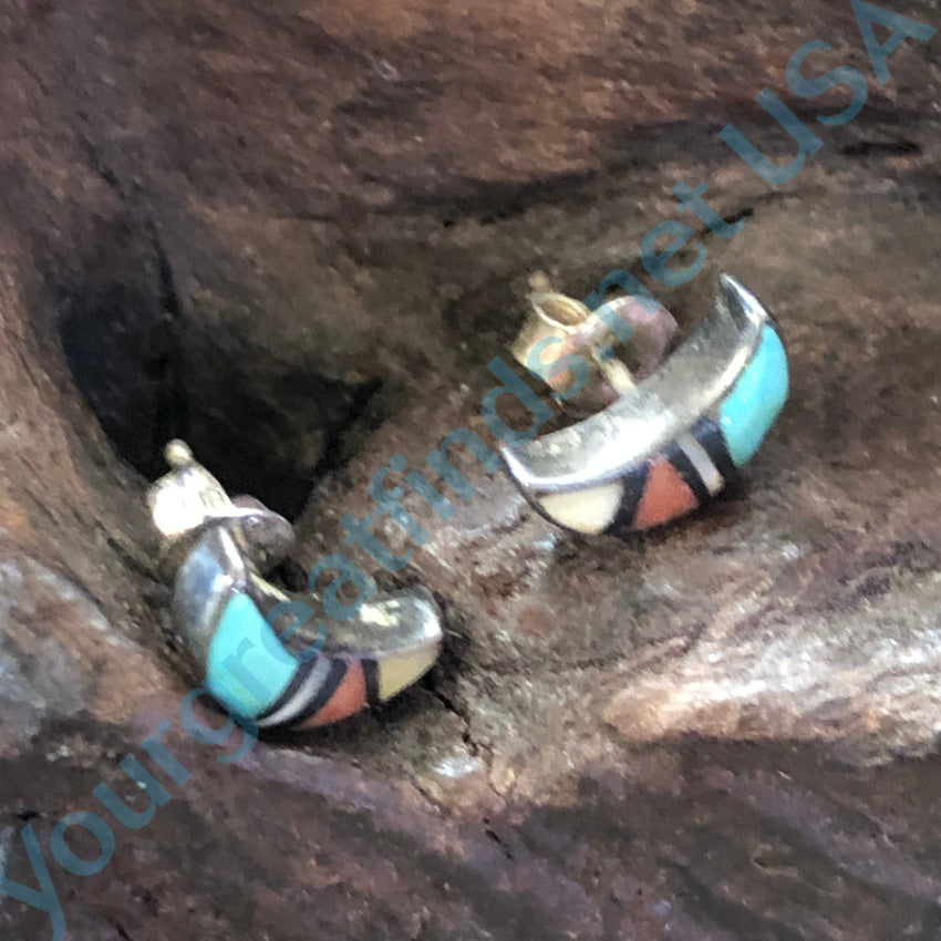 Zuni Sterling Silver Channel Inlay Crescent Moon Pierced Post Stud Earrings Earrings