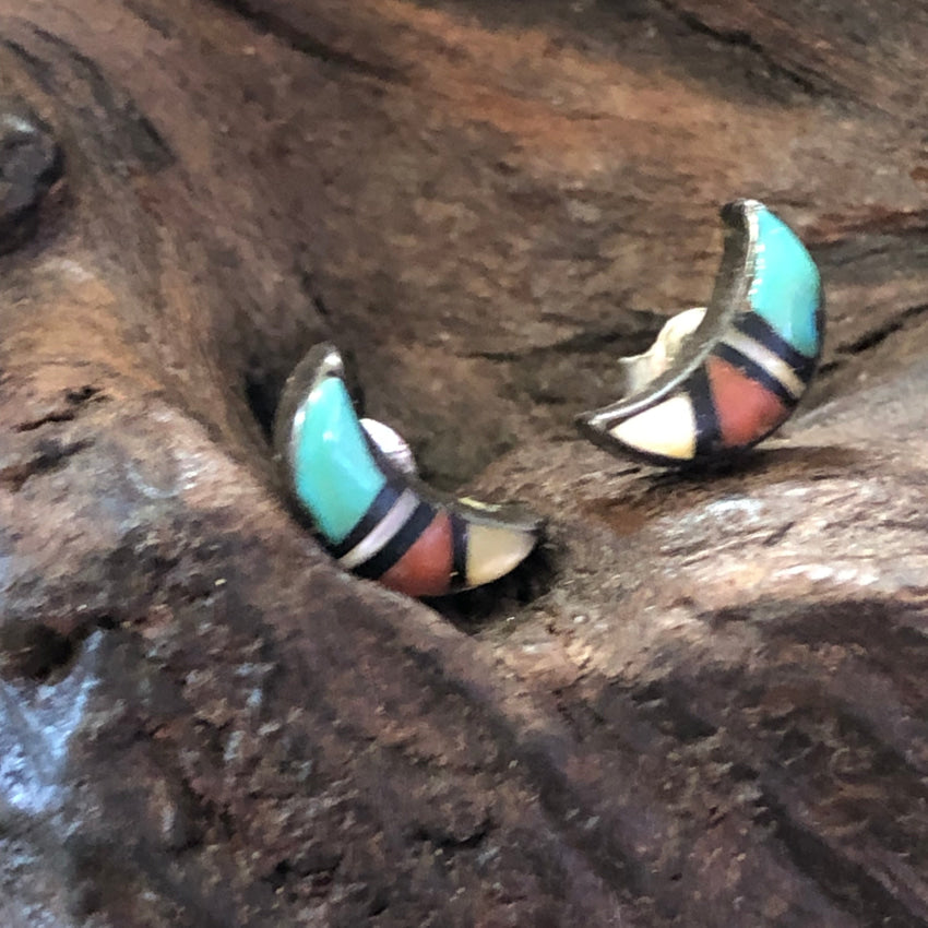 Zuni Sterling Silver Channel Inlay Crescent Moon Pierced Post Stud Earrings Earrings