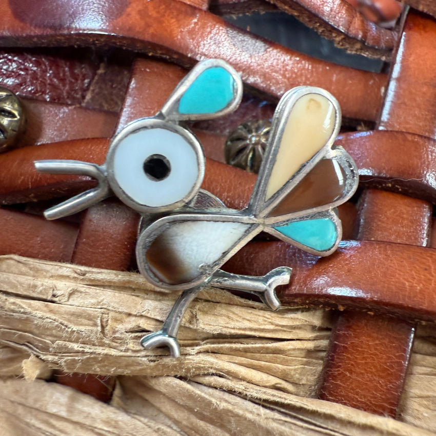 Zuni Sterling Silver Channel Inlay Roadrunner Inlay Straight Back Pin pin