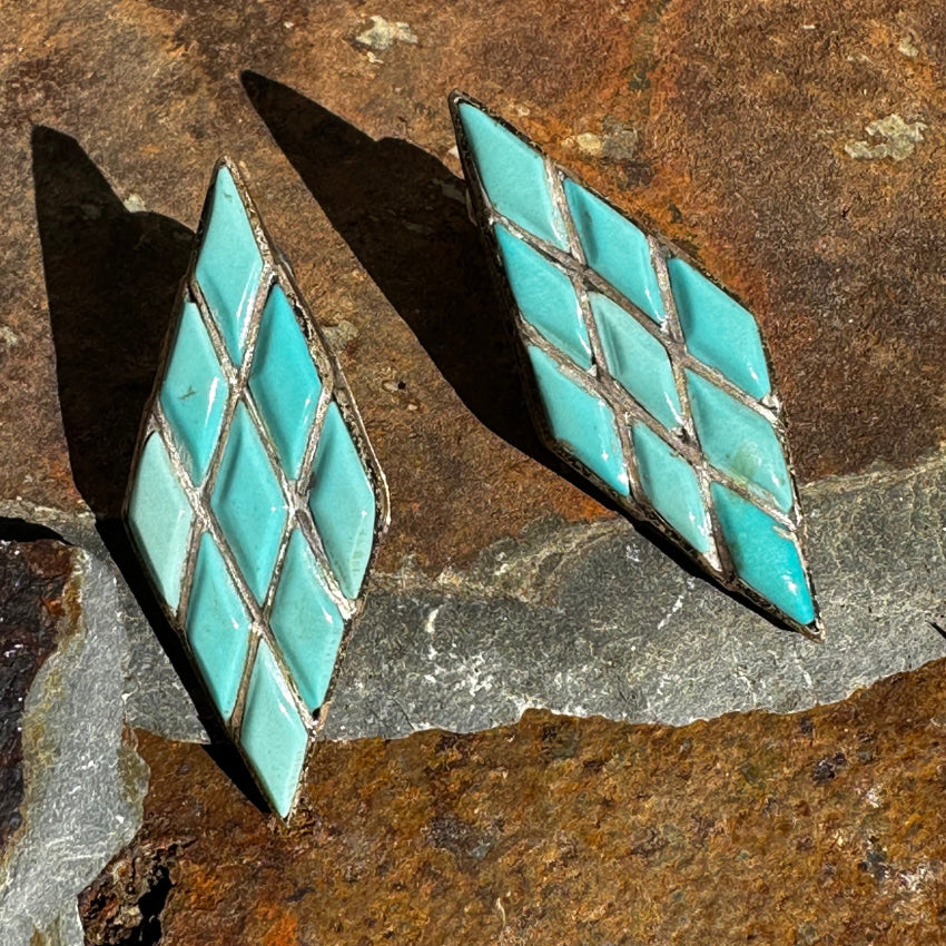 Zuni Sterling Silver Inlay Turquoise Pierced Post Earrings Earrings