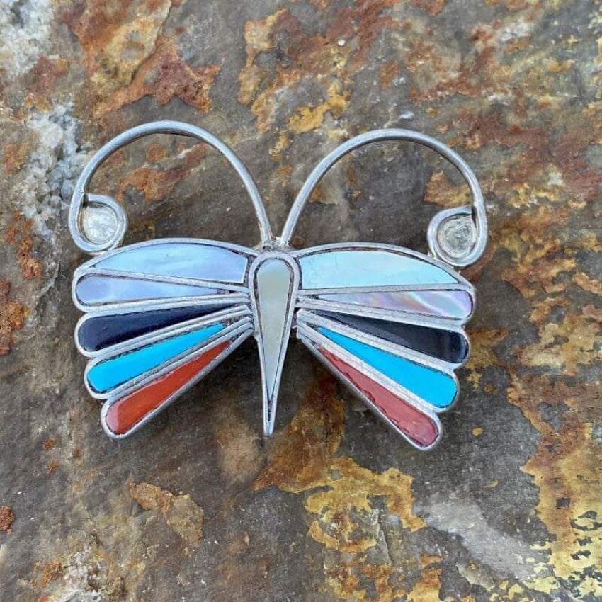 Zuni Sterling Silver Moth Pendant Pin with Inlay Work Yourgreatfinds