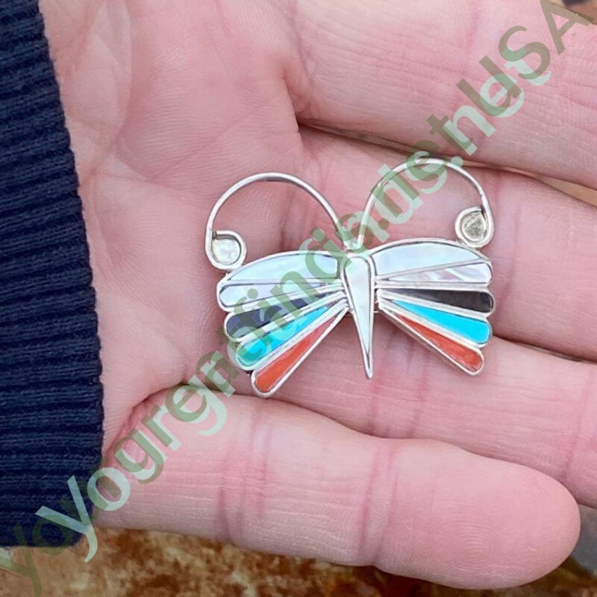 Zuni Sterling Silver Moth Pendant Pin with Inlay Work Yourgreatfinds