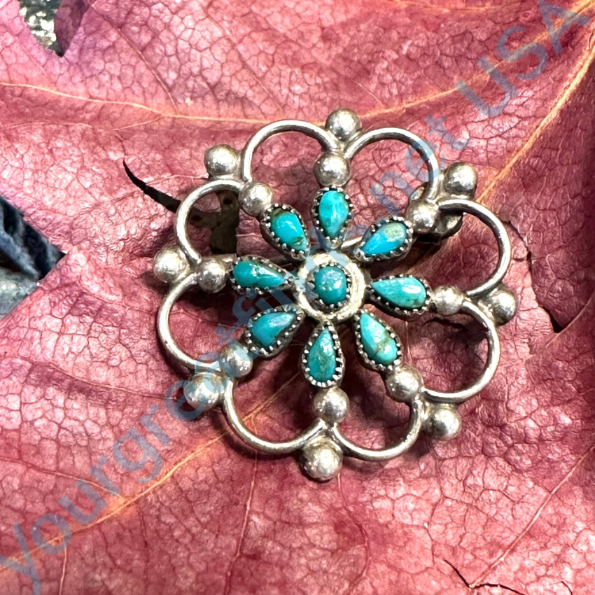 Zuni Sterling Silver Petit Point Turquoise Rosette Wheel Pin