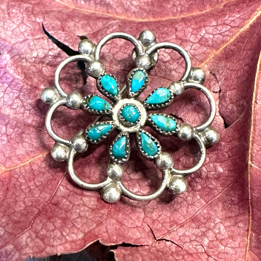 Zuni Sterling Silver Turquoise Rosette Buckle On Brown Leather Belt