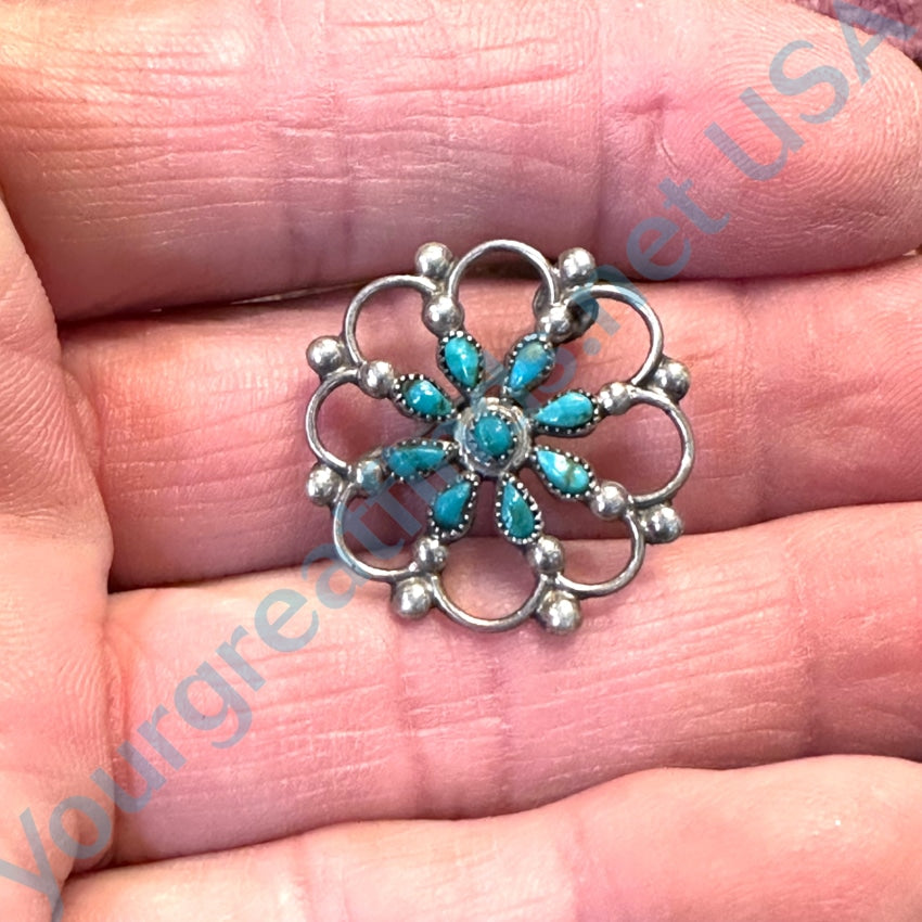 Zuni Sterling Silver Petit Point Turquoise Rosette Wheel Pin