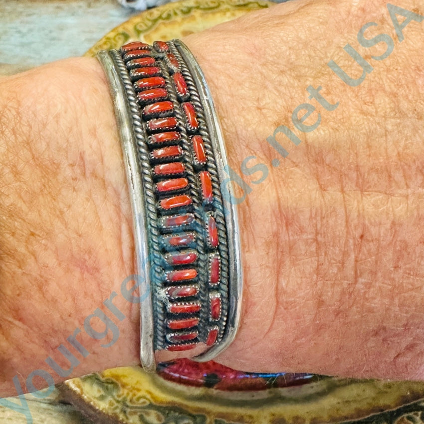 Zuni Sterling Silver Red C0Ral Row Bracelet E. & C. Seoutewa