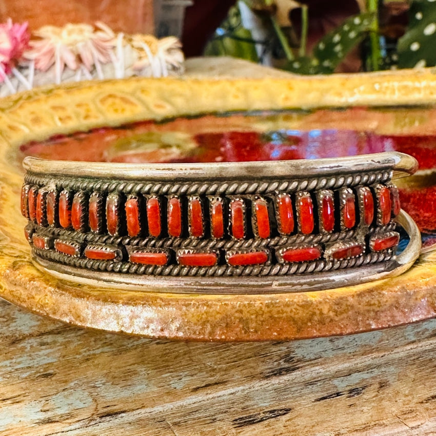 Zuni Sterling Silver Red C0Ral Row Bracelet E. & C. Seoutewa