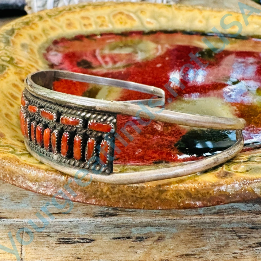 Zuni Sterling Silver Red C0Ral Row Bracelet E. & C. Seoutewa