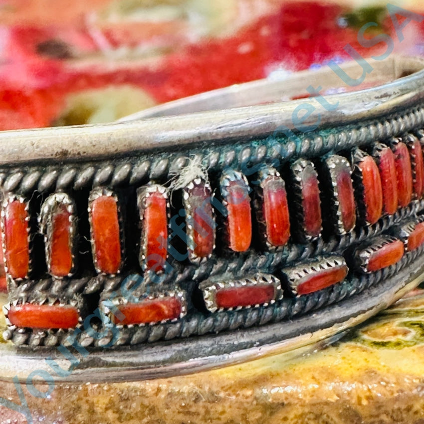 Zuni Sterling Silver Red C0Ral Row Bracelet E. & C. Seoutewa