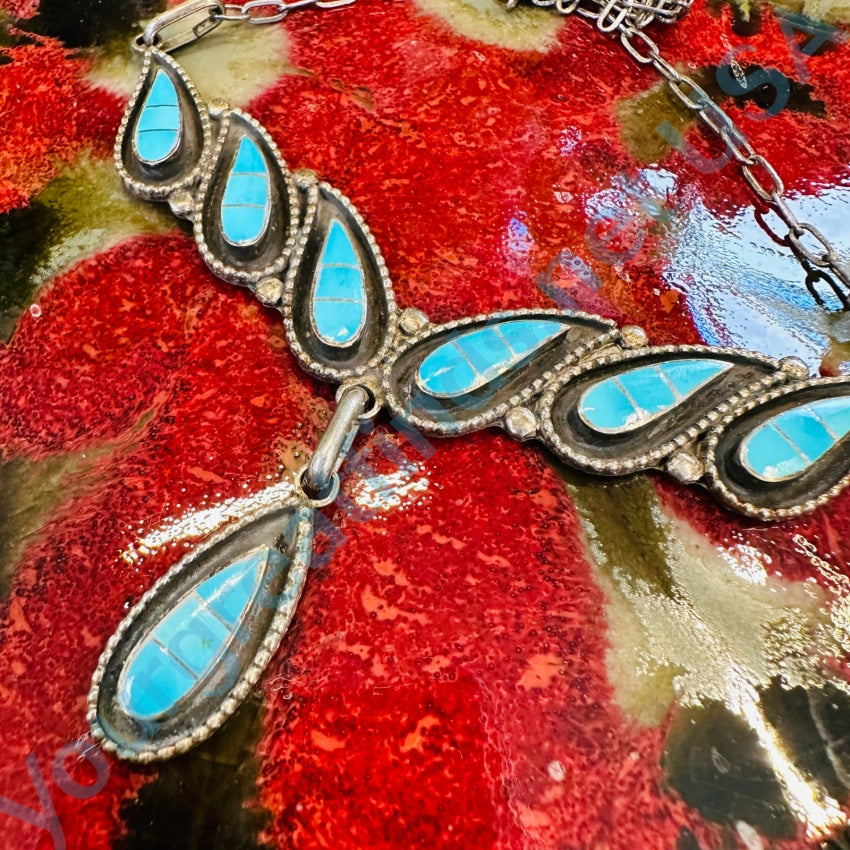 Zuni Sterling Silver Turquoise Inlay Necklace Salvador
