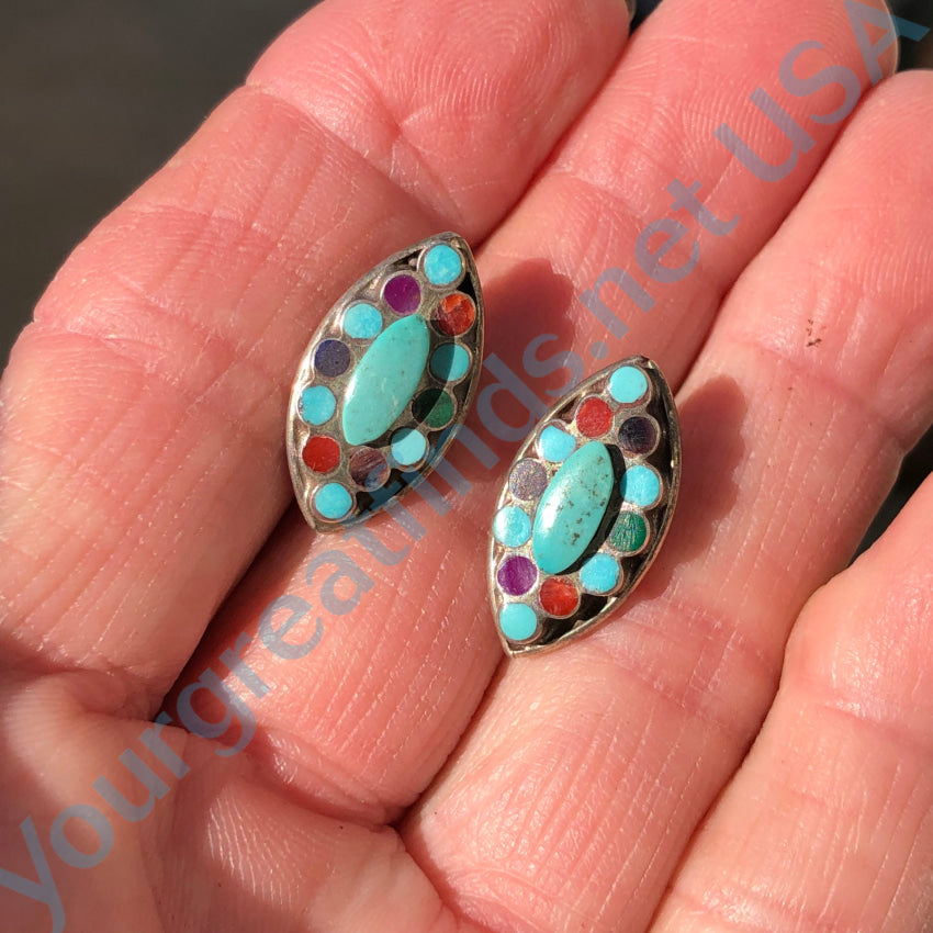 Zuni Sterling Silver Turquoise Multi-Stone Pierced Earrings