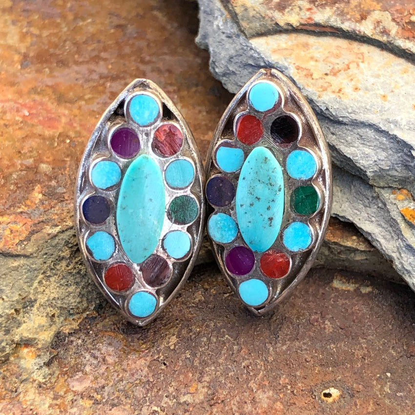 Zuni Sterling Silver Turquoise Multi-Stone Pierced Earrings