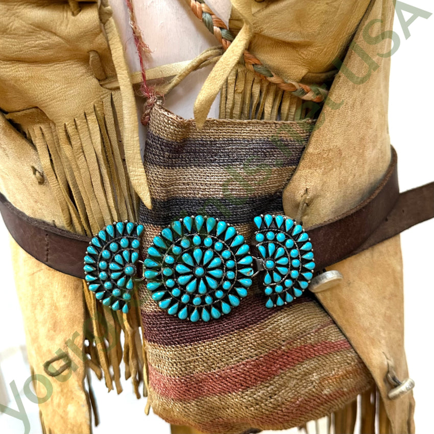 Zuni Sterling Silver Turquoise Rosette Buckle On Brown Leather Belt