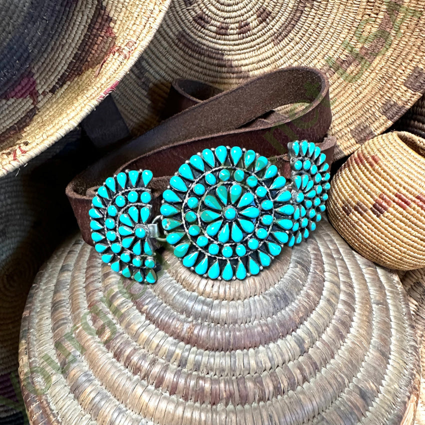 Zuni Sterling Silver Turquoise Rosette Buckle On Brown Leather Belt