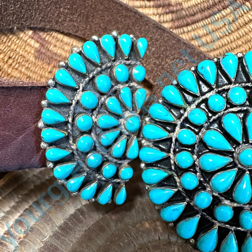 Zuni Sterling Silver Turquoise Rosette Buckle On Brown Leather Belt