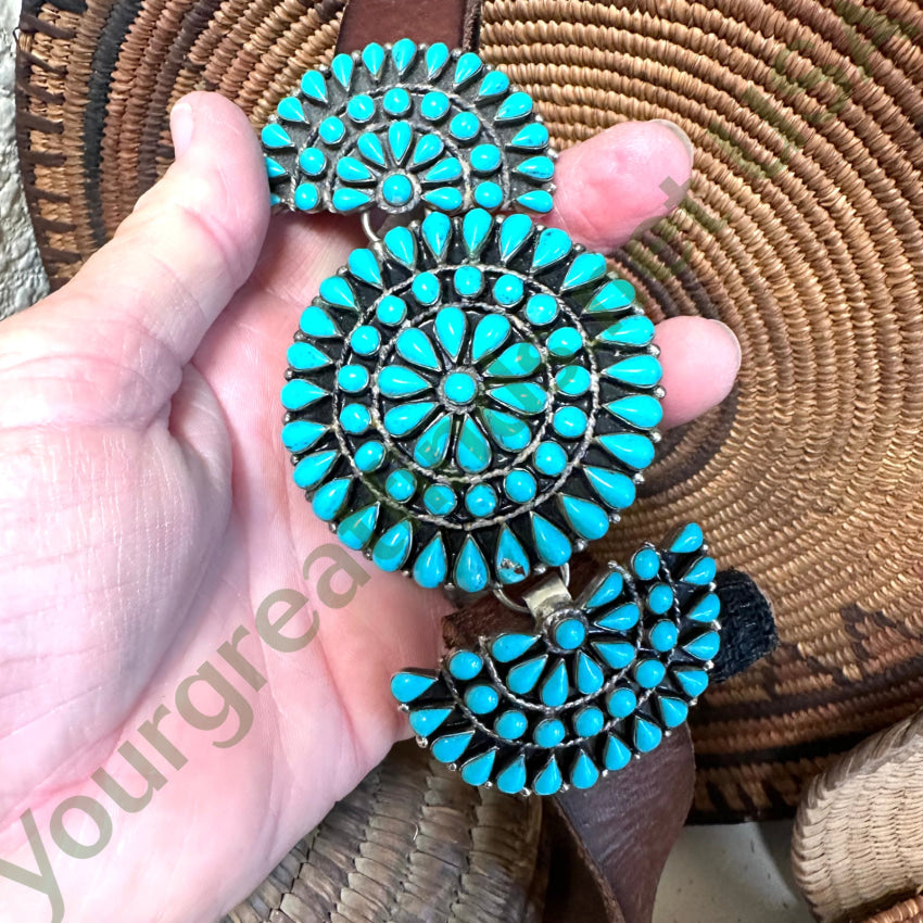 Zuni Sterling Silver Turquoise Rosette Buckle On Brown Leather Belt