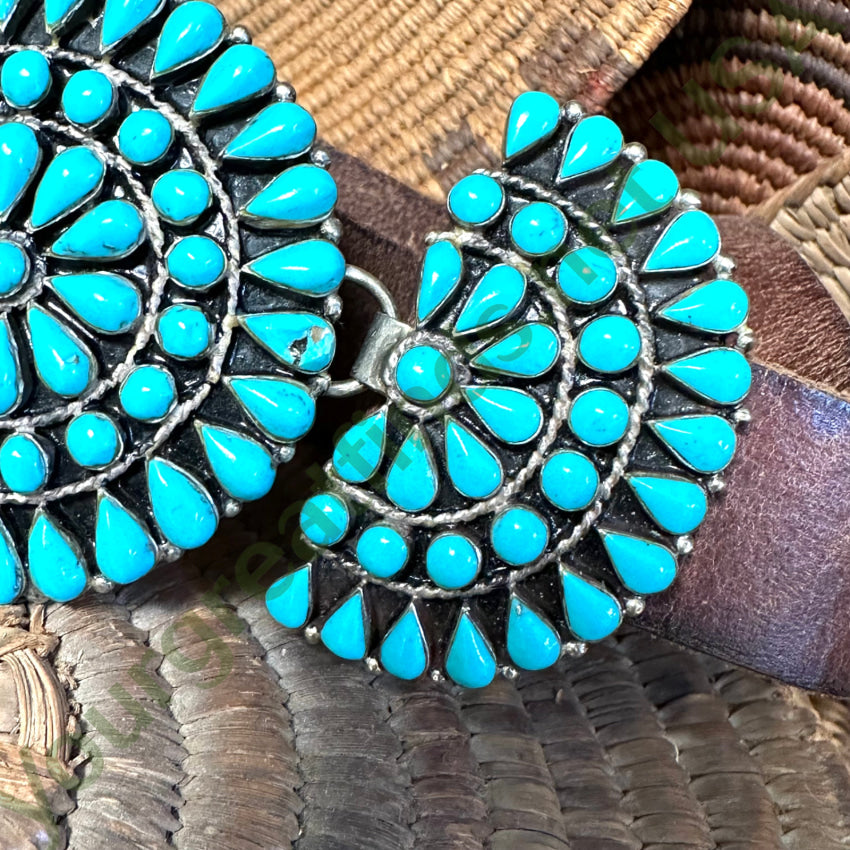 Zuni Sterling Silver Turquoise Rosette Buckle On Brown Leather Belt
