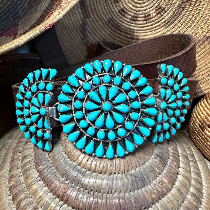 Zuni Sterling Silver Turquoise Rosette Buckle On Brown Leather Belt