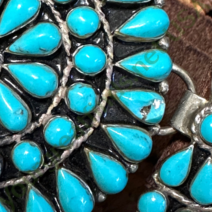 Zuni Sterling Silver Turquoise Rosette Buckle On Brown Leather Belt