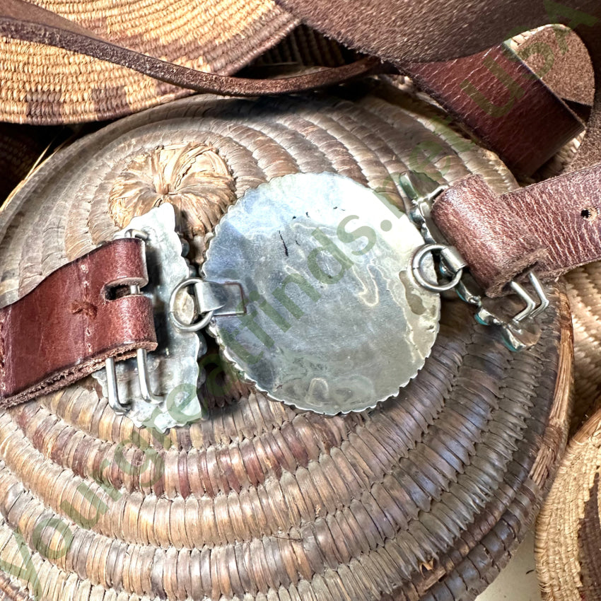Zuni Sterling Silver Turquoise Rosette Buckle On Brown Leather Belt