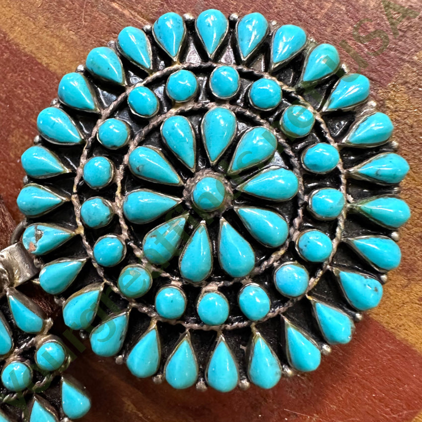 Zuni Sterling Silver Turquoise Rosette Buckle On Brown Leather Belt