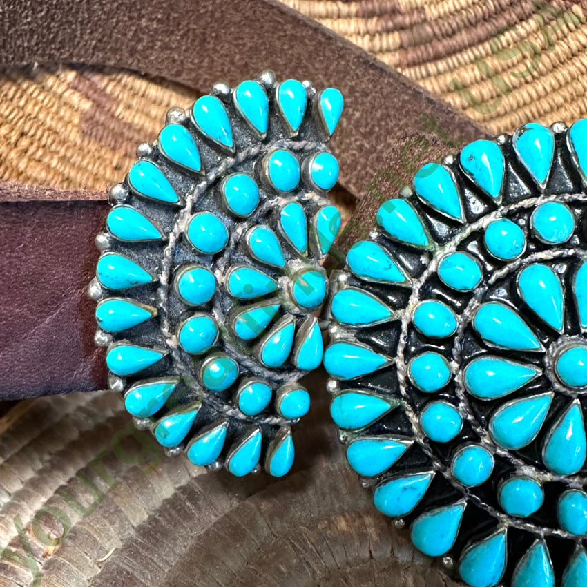 Zuni Sterling Silver Turquoise Rosette Buckle On Brown Leather Belt