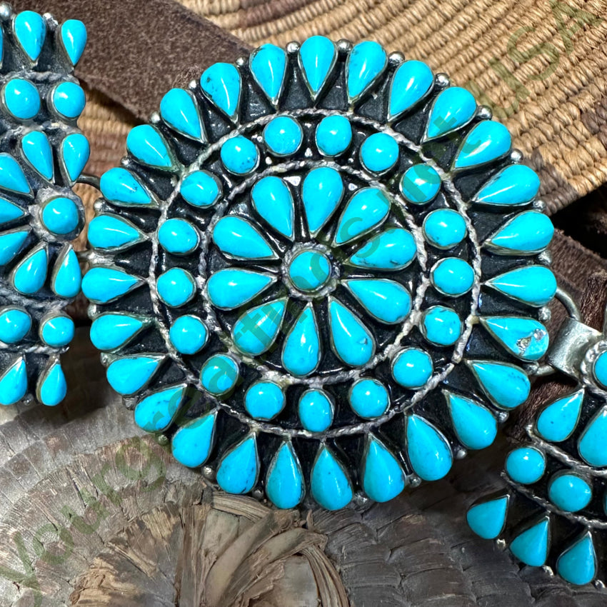Zuni Sterling Silver Turquoise Rosette Buckle On Brown Leather Belt