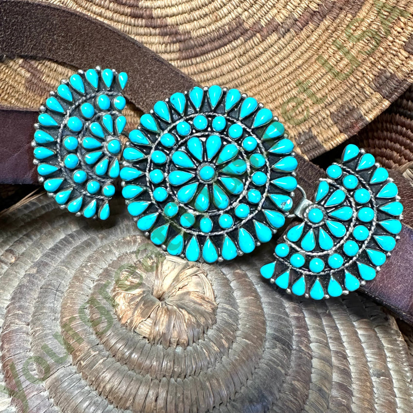 Zuni Sterling Silver Turquoise Rosette Buckle On Brown Leather Belt