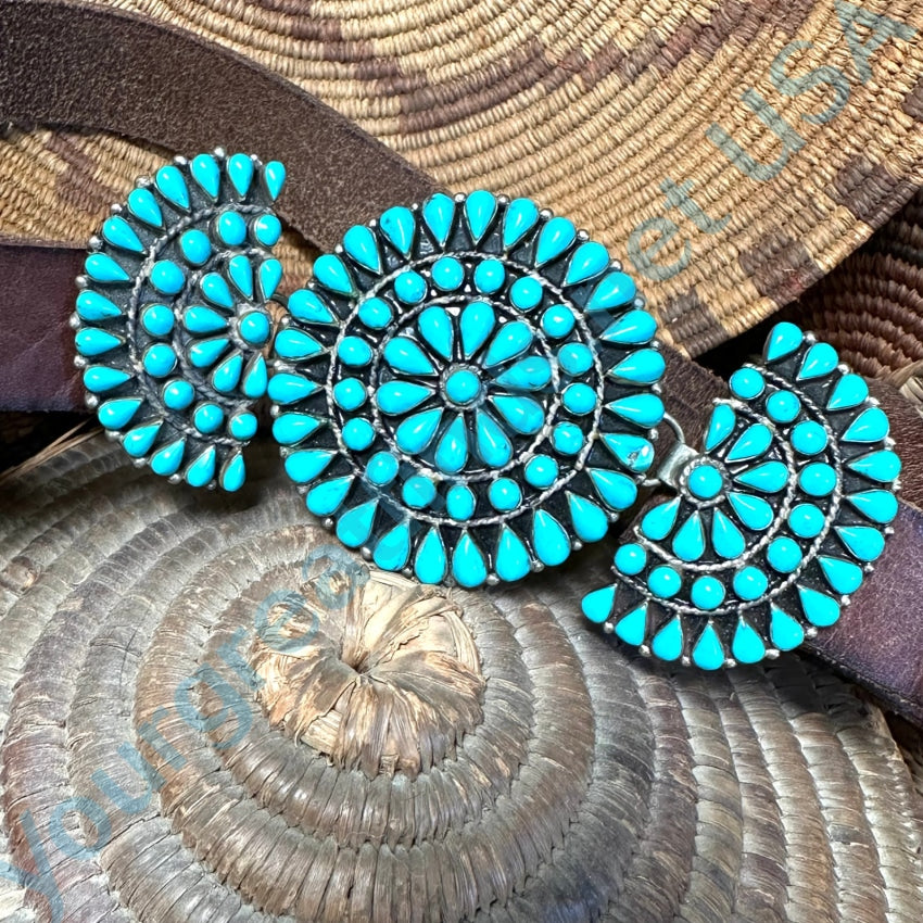 Zuni Sterling Silver Turquoise Rosette Buckle On Brown Leather Belt