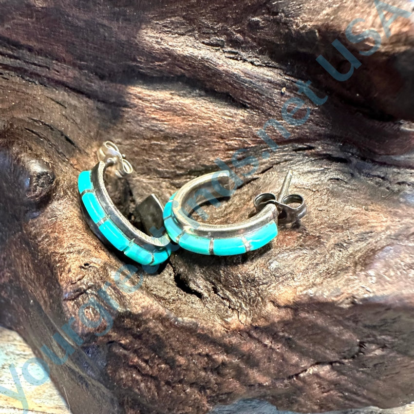 Zuni Wayne Panteah Sterling Silver Channel Inlay Hoop Earrings