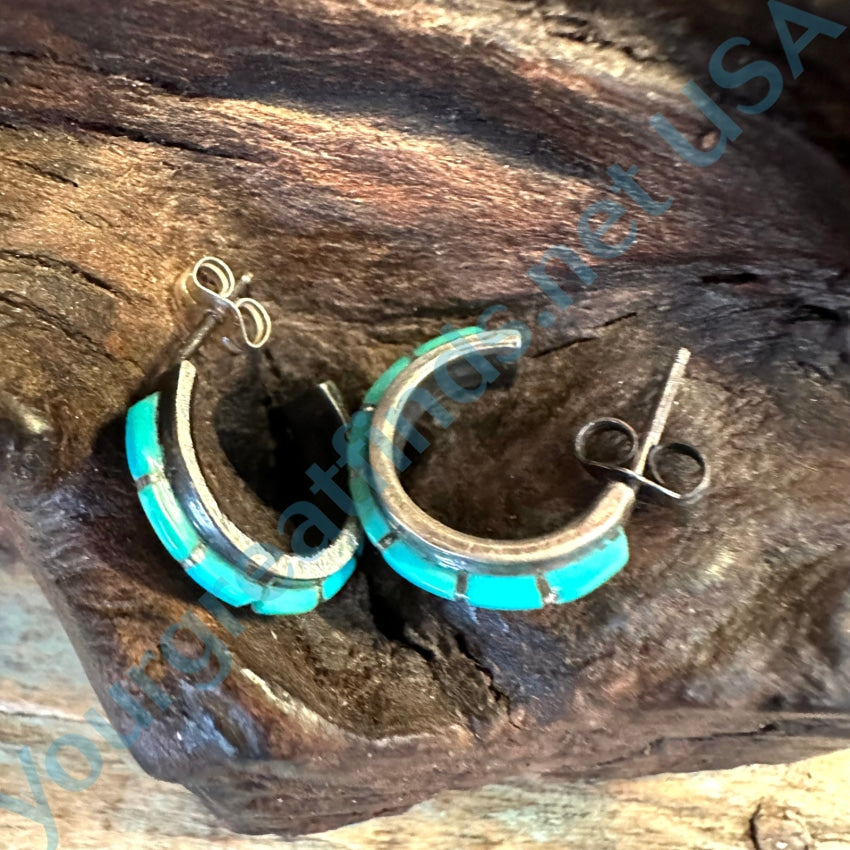 Zuni Wayne Panteah Sterling Silver Channel Inlay Hoop Earrings