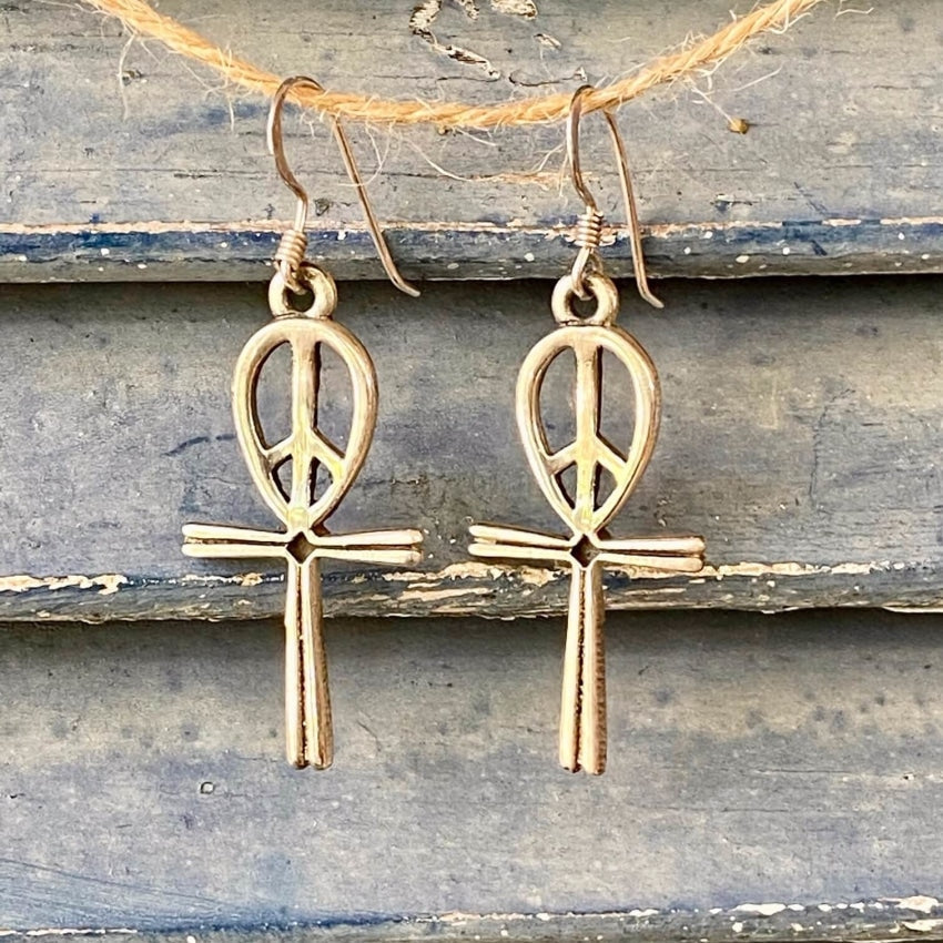 Ankh Cross Peace Sign Sterling Silver Earrings Yourgreatfinds