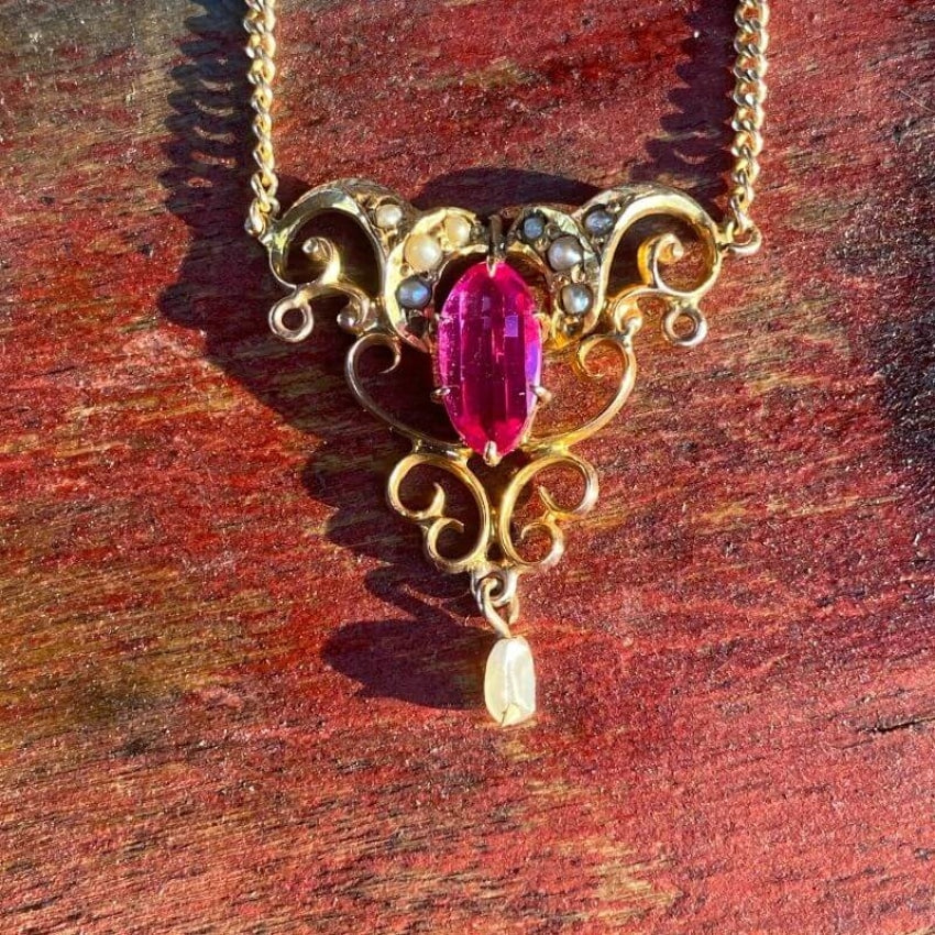 Antique 10k Yellow Gold Lavalier Necklace with Seed Pearls and Red Ruby Yourgreatfinds