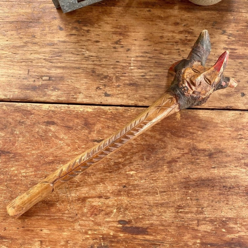 Antique Folk Art Hand Carved Mythical Creature Staff Wood Yourgreatfinds