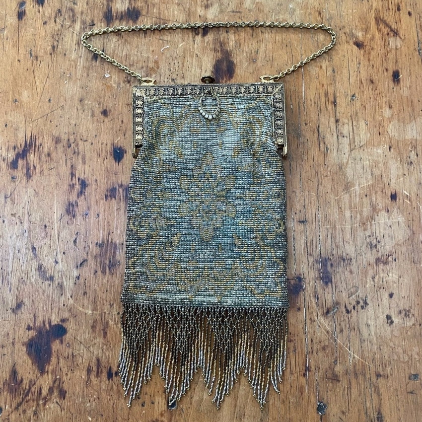 Antique Metal Beaded Evening Bag with Fringe - Yourgreatfinds