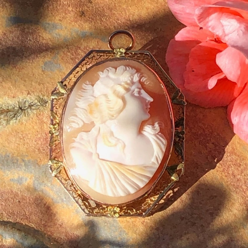 Antique Shell Cameo Pendant Brooch 10K Gold Filigree Yourgreatfinds