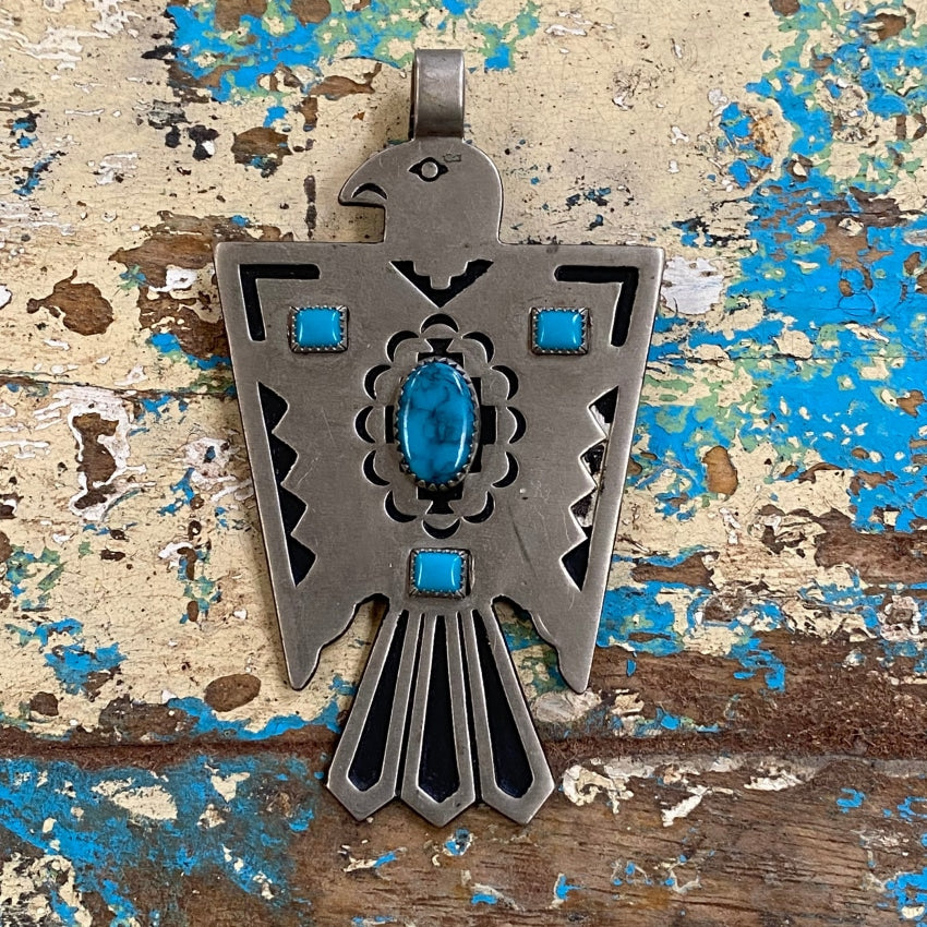 Bell Trading Post Nickel Silver Thunderbird Pendant Faux Turquoise