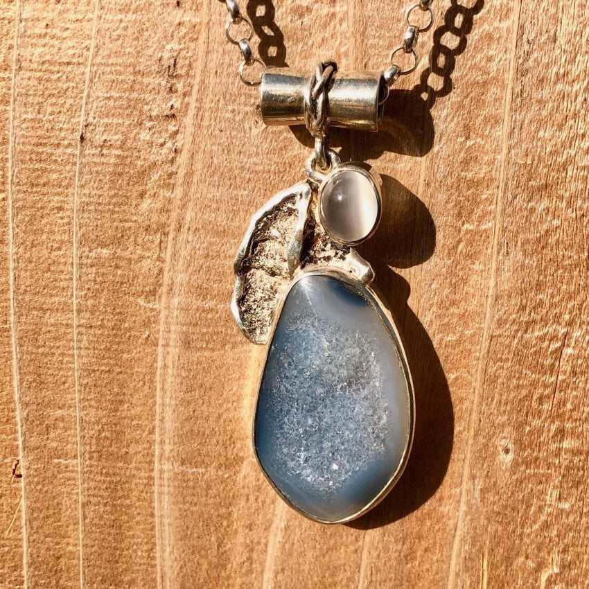 Blue Quartz Druzy and Double Cat's Eye Moonstone Sterling Silver Necklace Yourgreatfinds