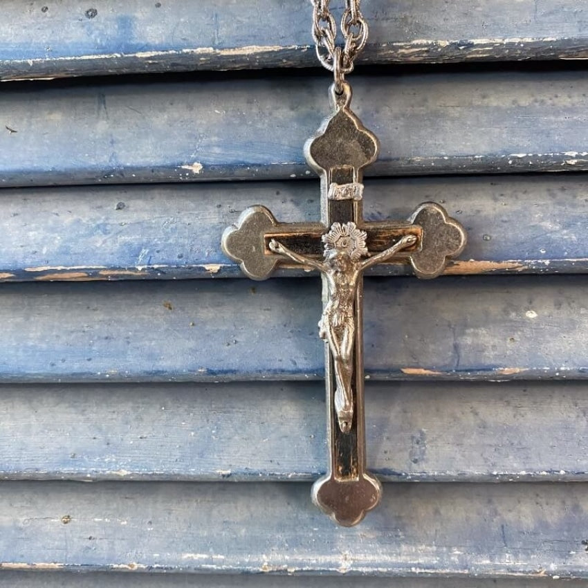 Dated 1975 Large Cross Necklace with Wood Inlay Crucifix Yourgreatfinds