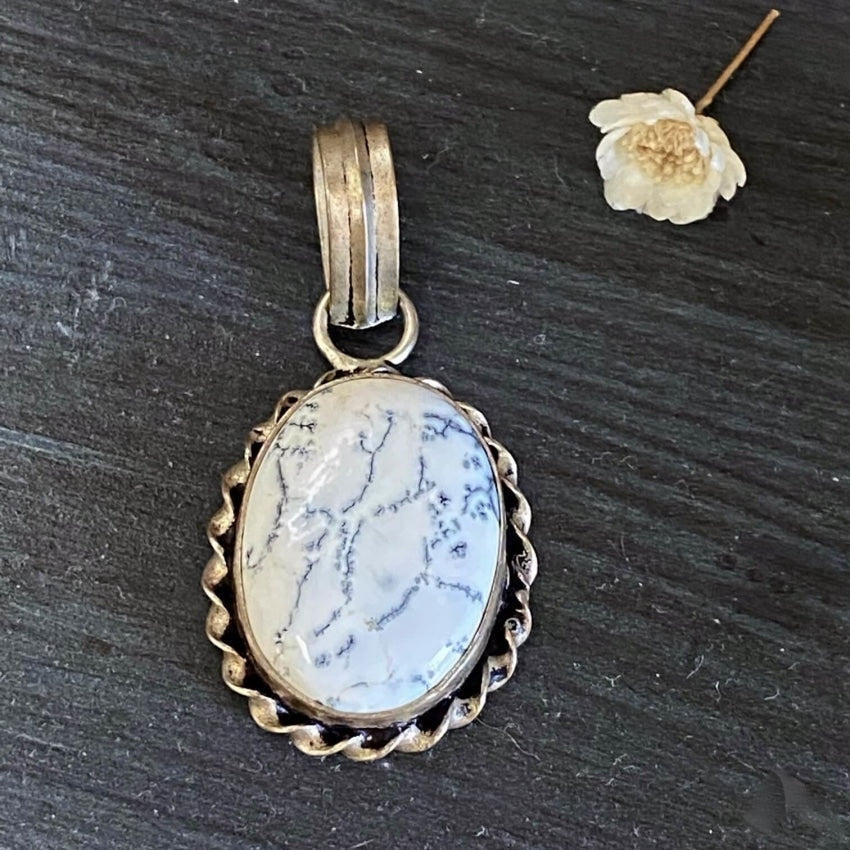 Dendritic White Buffalo Turquoise Pendant in Nickel Silver Yourgreatfinds