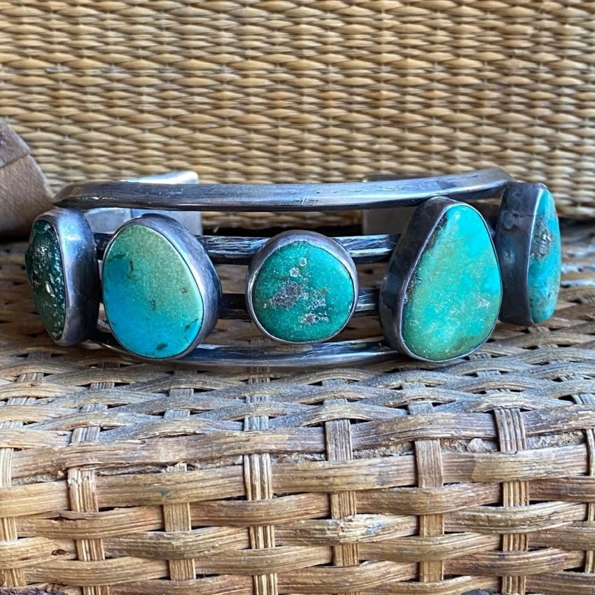 Early Navajo Cuff Bracelet with Bi-Colored Natural Turquoise Sterling Yourgreatfinds