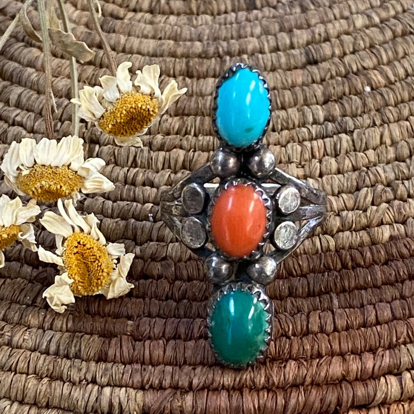 Early Navajo Stoplight Ring Turquoise Coral Sterling Silver Size 8