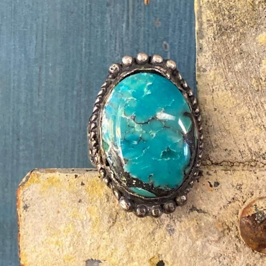 Early Navajo Wrought Silver Ring with Pilot Mountain Turquoise Size 6 Yourgreatfinds