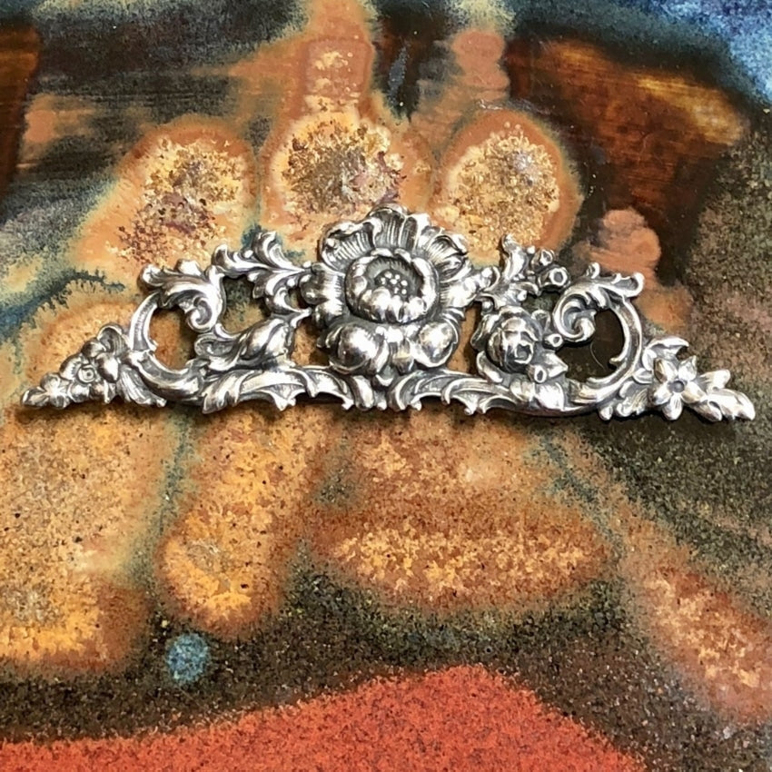 Fancy Sterling Silver Brooch with Repoussé Baroque Design Yourgreatfinds