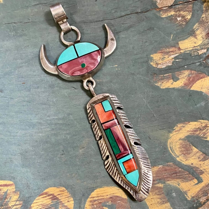 Frank Yellowhorse Channel Inlay Bison Feather Pendant Charms & Pendants