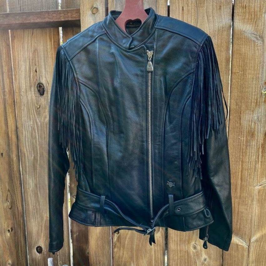 Genuine Harley-Davidson Black Leather Fringed Jacket Womens&#39; Medium Yourgreatfinds