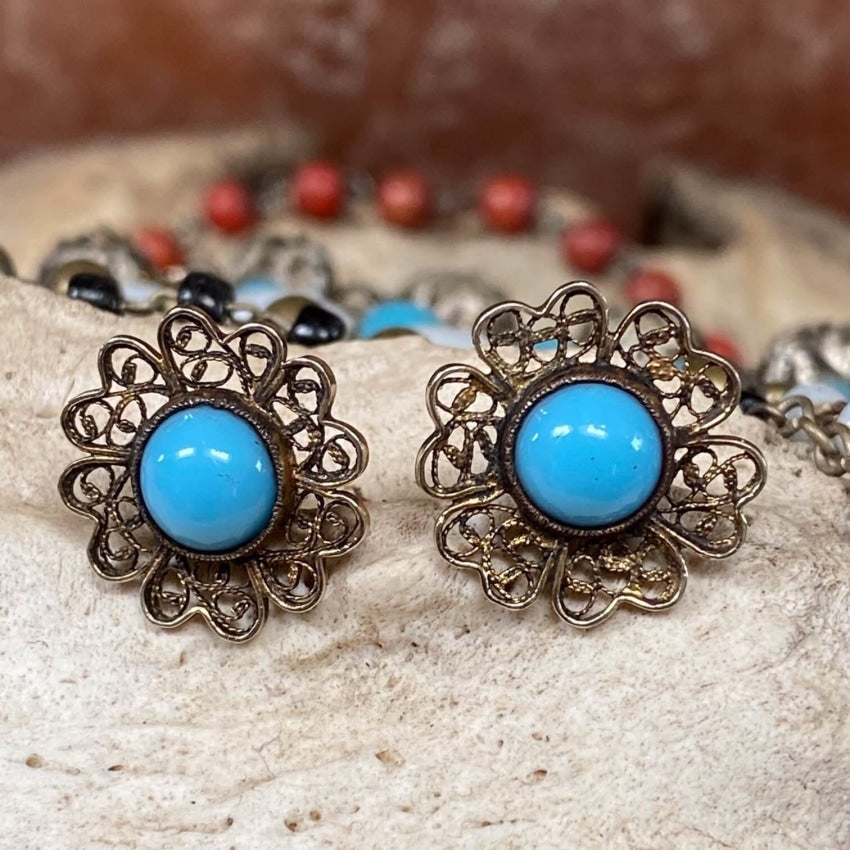 Gold Washed Sterling Silver Filigree Earrings Blue Glass Yourgreatfinds